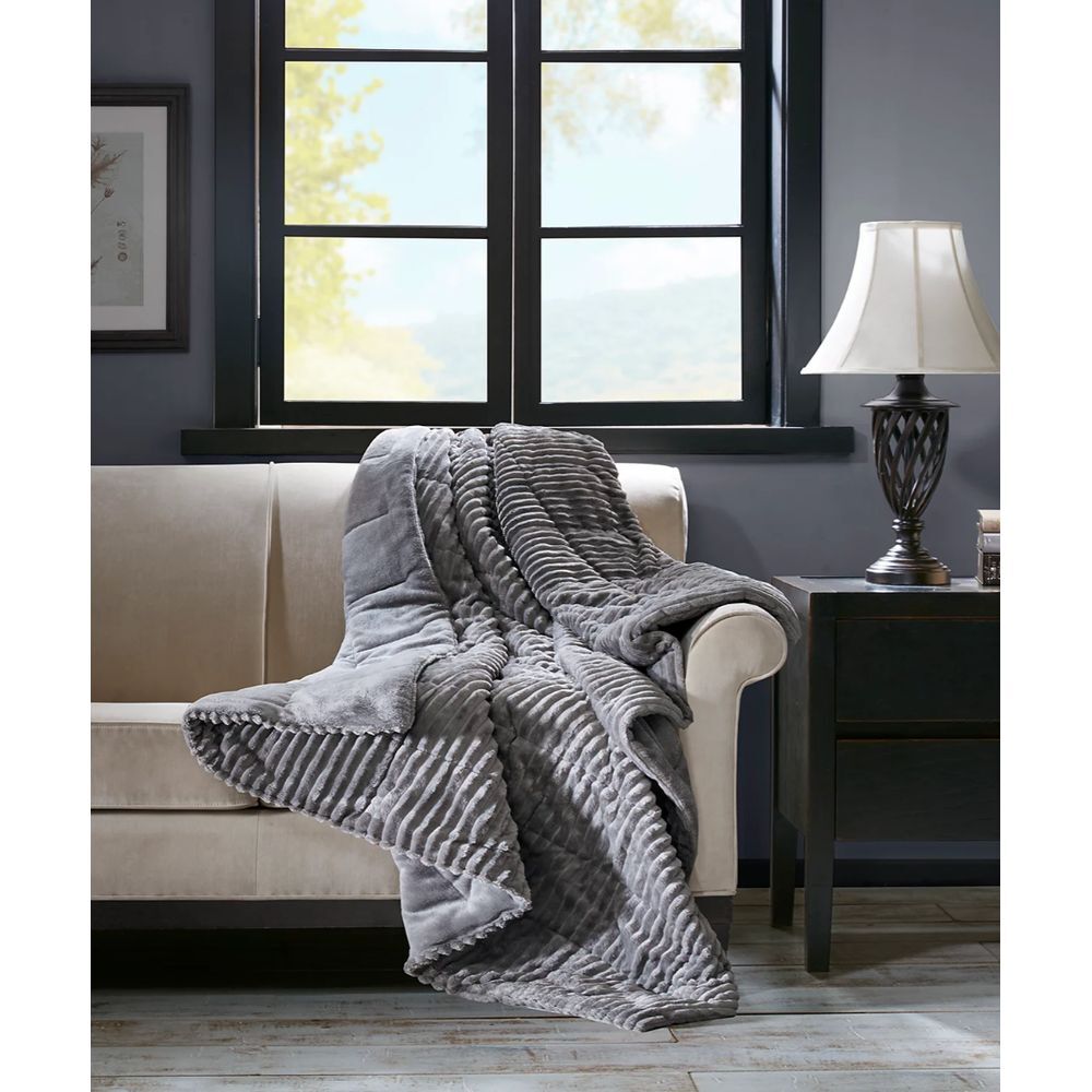 Madison Park Luxury Corduroy Plush Down Alternative Throw  60x70 Gray